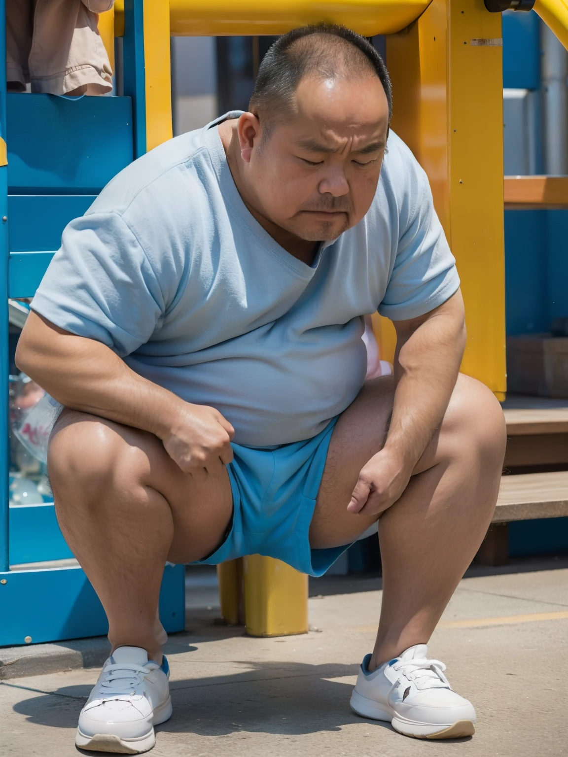 Thick Japan middle-aged man in his 50s, 1man, retarded, Human, Dwarfism, He wears a Light blue Hotpants, Bare thighs, ((peeing self, wetting self, pee stains,)), ((trembling, fear expression, scared, looking at viewer)), kindergarten background, It's a sunny day, Incontinence, He stand and cried in playground, Full body, a picture, 8k, high detail photo, Masterpiece,