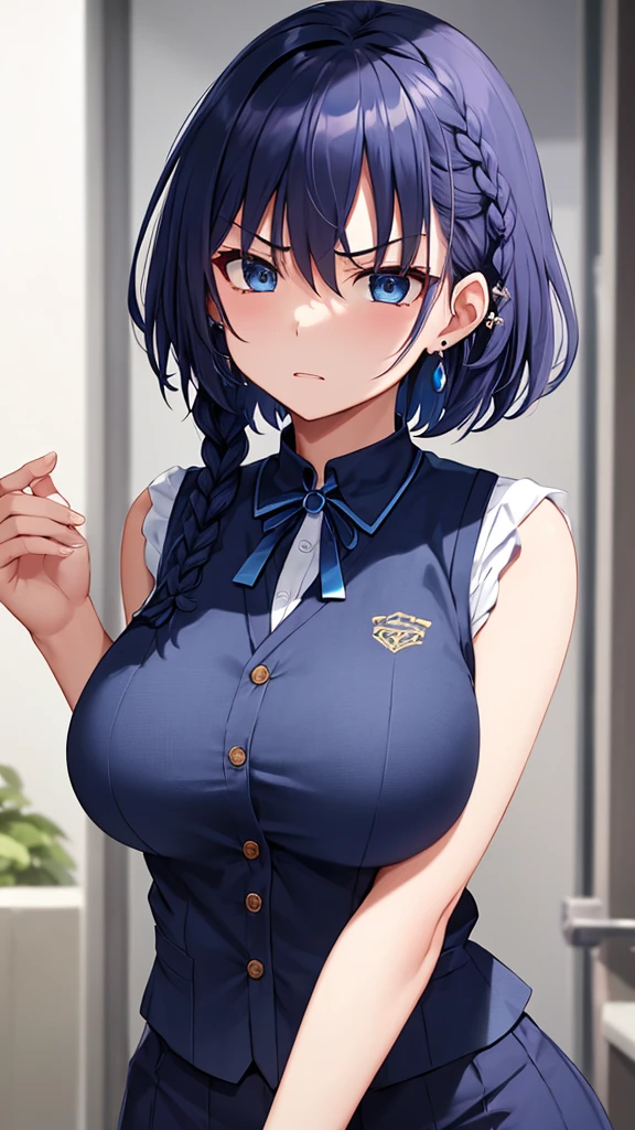 (masterpiece、Highest quality、Very detailed))、One Girl、Black Hair、short hair、Twin tails、Blunt bangs、Wavy Hair、Grey Eyes、((Open your mouth))、((Cum on tongue))、((Lots of earrings))、((Very large breasts))、((navy blue school swimsuit))、Cleavage、Off the shoulder、Strapless、((Thick waist))、Thighs、Kneel、On the bed、Bedroom Background、Sideboob