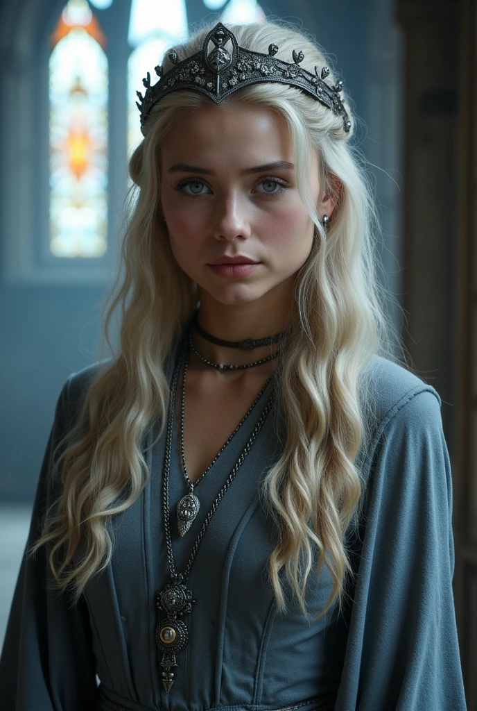 Visenya is described as a teenage girl with classic Valyrian appearance., with white hair, purple eyes and slim build, with violet eyes, snowy skin without any blemish, beautiful features and an elegance that was, small snub nose, somehow, His features are intimidating but sensual. Red and black medieval clothing, Targaryen princess