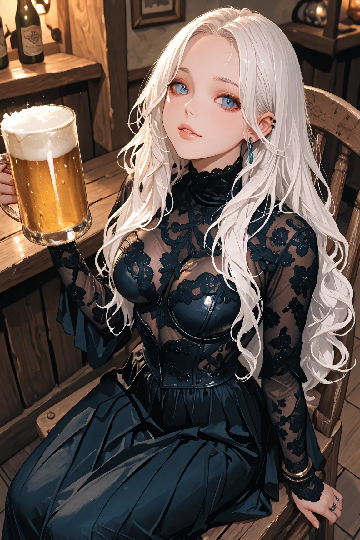 {-erro_de_anatomia:1.0} Moonlit night, sexy elf young victorian girl, very big breasts, black dress, victorian dress, sexy see-through underwear with lace, Beautiful Woman, happy face, gray hair, long hair, gray eyes, Walking, dancing ligthly, lying, drinking, standing, on your back, dynamic poses. ,1 girl