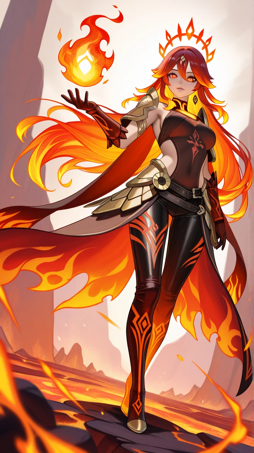 Beautiful flaming woman with bright yellow skin, long flaming hair that is shaved on the sides, black eyes, pointed ears, a flat chest, and wide hips. Wearing a djinn suit,efreet,cute,pretty,smoke eyes,black rock legs,
Volcano lava hands