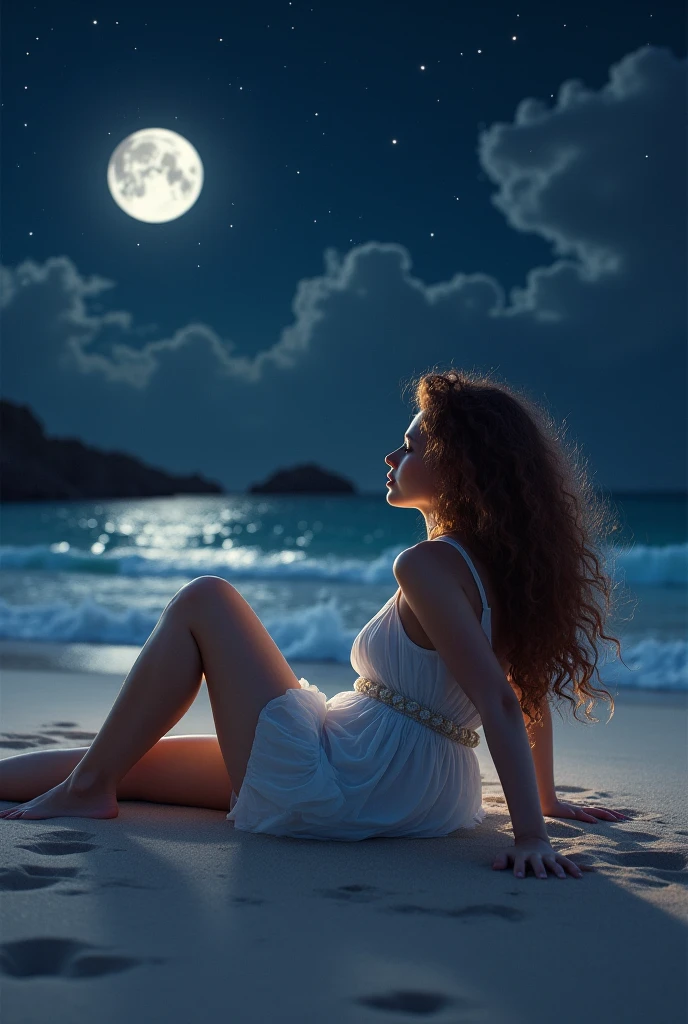 22yo perfect Hungarian brunette thin fit girl sitting naked on a towel on the seashore under the night sky with full moon, detailed body, face amd brown eyes, exact number of limbs and fingers, photo from back, 35mm film, straight crossed legs,