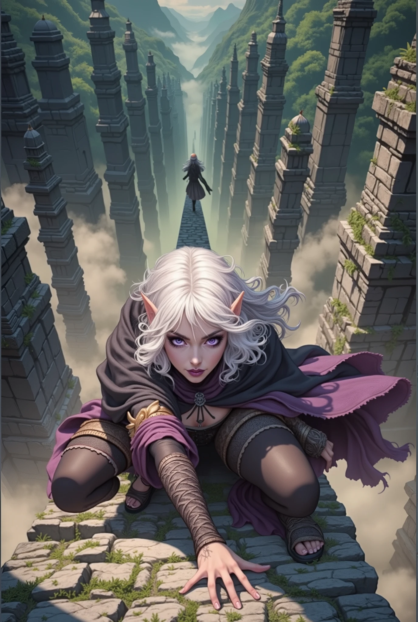 (Ultra-detailed face, Looking Away, Gothic Illustration, Dark Tone Colors.) , BREAK 
(Fog and strong winds blow up. A temple complex of very tall ancient stone towers scattered in a deep green forest. A woman moves in a bold pose, crouching and crawling along a narrow passageway stretched in a straight line between the tall towers. A viewpoint looking down on the woman from above. She has white hair, dark purple skin, wears an old-fashioned Roma-style cape dress, and braided sandals.) , BREAK 
(The female dark elf has white hair and white eyebrows, crisp bangs, long wavy hair to her waist, small pink lips, lavender eyes, dark purple skin, and dark eyeliner.)