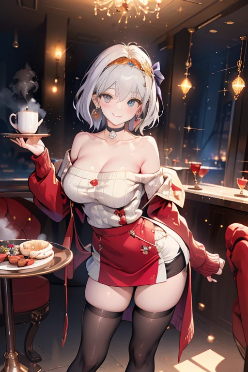 (((Masterpiece))),(((Super Detail))),(((in 8K))),(((best composition))),(((Rim lighting,Fireglow effect,deep shadow))),solo),Beautiful fingers,Detailed finger features,(Detailed hair features:1.7),(Dynamic and sexy bending pose:1.3),detailed facial features,detailed clothes features, (perky chest:1.1), (pointed chest:1.3), delicate beautiful face, Bright blue eyes, cute eyes, sparkling eyes, Big eyes, beautiful detailed eyes,double bun with glittering hair ornament:0.6,(super detailed glossy skin:1.3),slender body,goddess smile,((with sparkling eyes and a contagious smile)),beautiful posture,silver bronde hair, blue eyes, dress, bare shoulders,collarbone, sidelocks, hairband, earrings with jewelry, off shoulder sweater dress, arms behind back:0.4, air plant, long hair with long locks, gold hairband, off-shoulder dress, sweater dress, off-shoulder sweater, red sweater, big side hair, very long side hair,(super delicate floral pattern:1.2),seductive cleavage:1.3,beautiful glossy legs,shiny red high heels,lifting dishes with cup of a coffee,french restaurant,hustle and bustle,rising steam,(((depth of fields)))