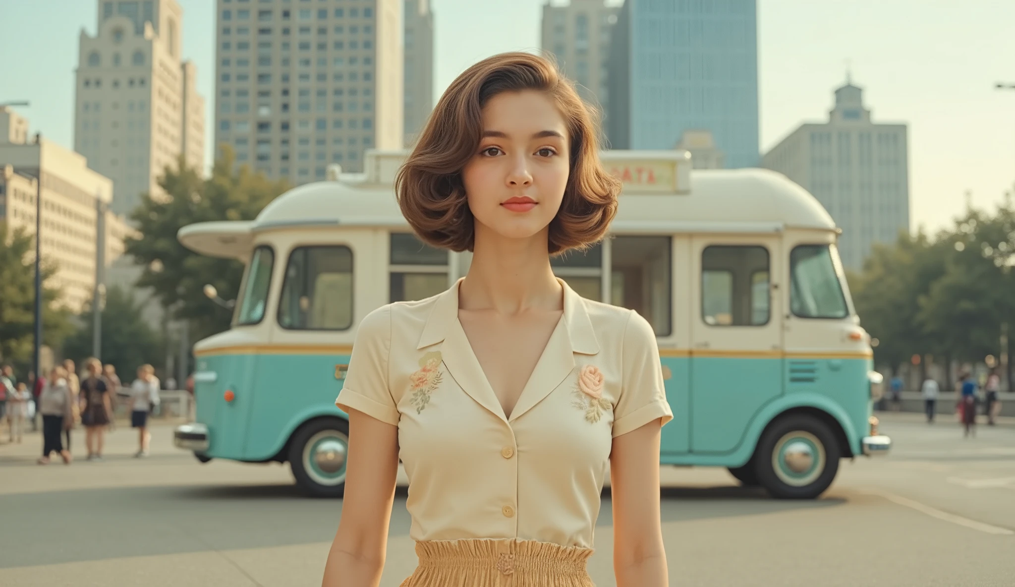 masterpiece, reality, 4k, (medium full shot) of (striking 1940s pin-up girl) young woman, korean, tan skin, light brown eyes, petite build, medium brown retro hair, wearing a blue peasant top, high-waisted skirt, mules, classic red lipstick, pearl necklace, set in the year 1940s, in a classic drive-in theater, with vintage cars, retro concession stand, large outdoor screen, starry night sky, during sunset, woman smiling