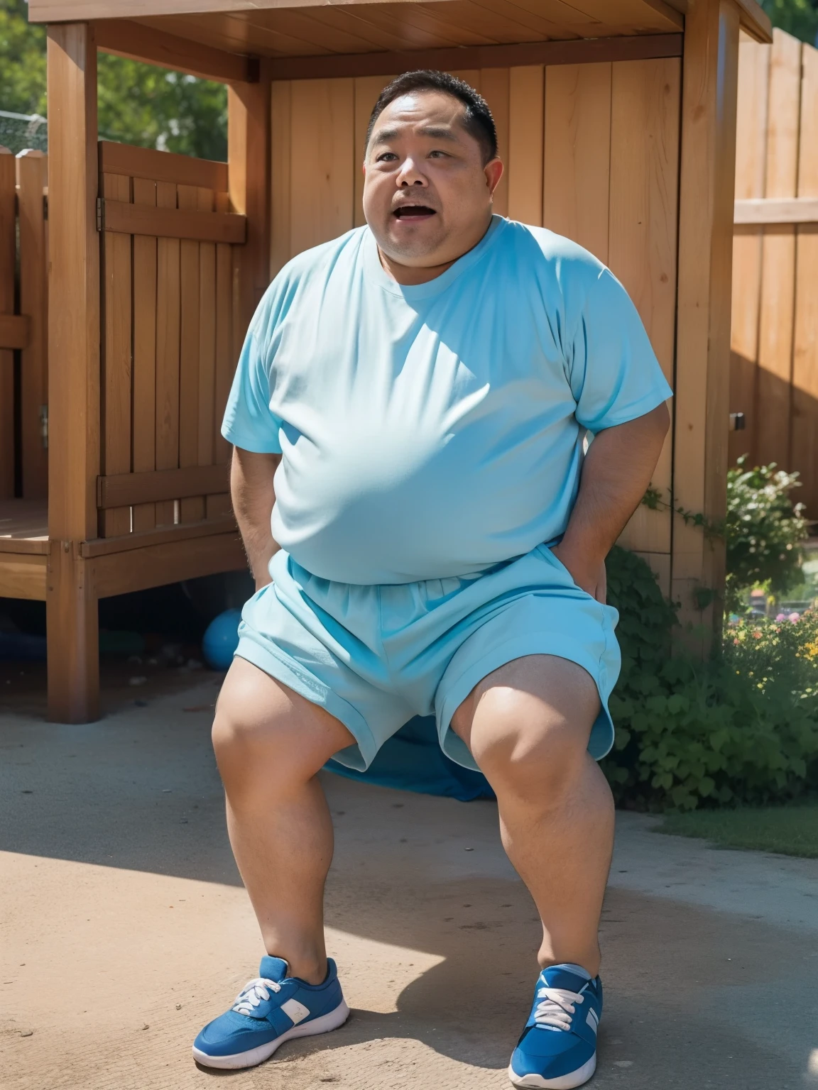 create for me, a full body caricature ,of a shirtless man in shorts and flip-flops , with a slightly large belly holding a pool cue in one hand and a cigarette in the other hand.