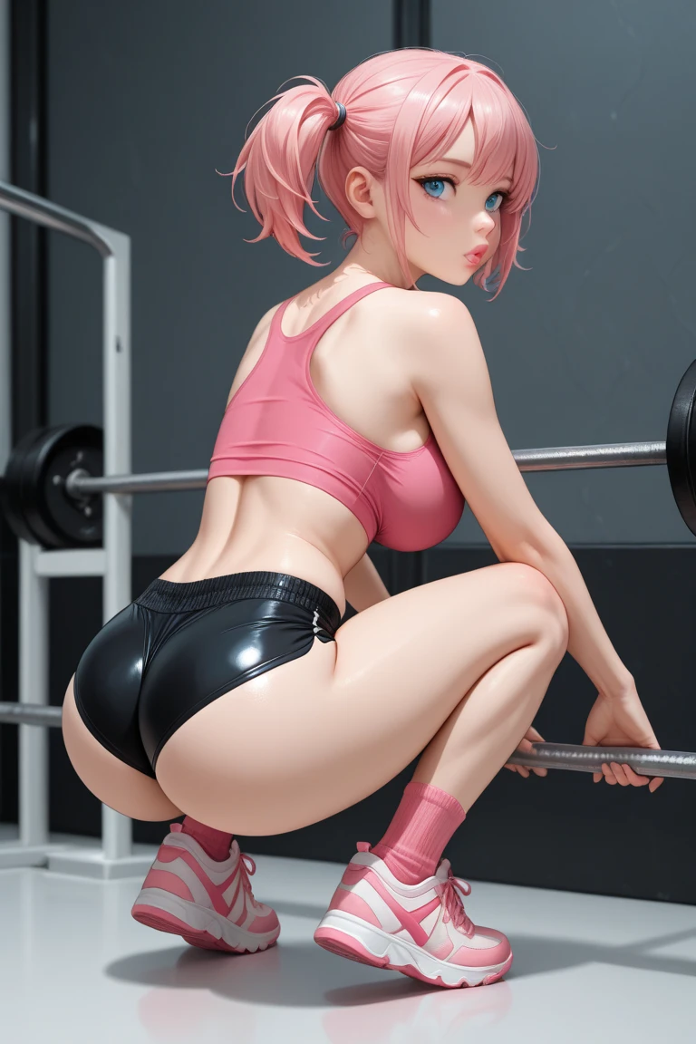 (masterpiece), Best quality, good anatomy, one girl, ( Spread your legs), green eyes, realistic face, short haircut, gloomy face, pink hair, navel ,bare shoulders, tight black top, black pants, gym, Reflectors, 8K masterpiece, super detail, film movie, best quality, best ditails, detailed face, detailed eyes, camera from bellow