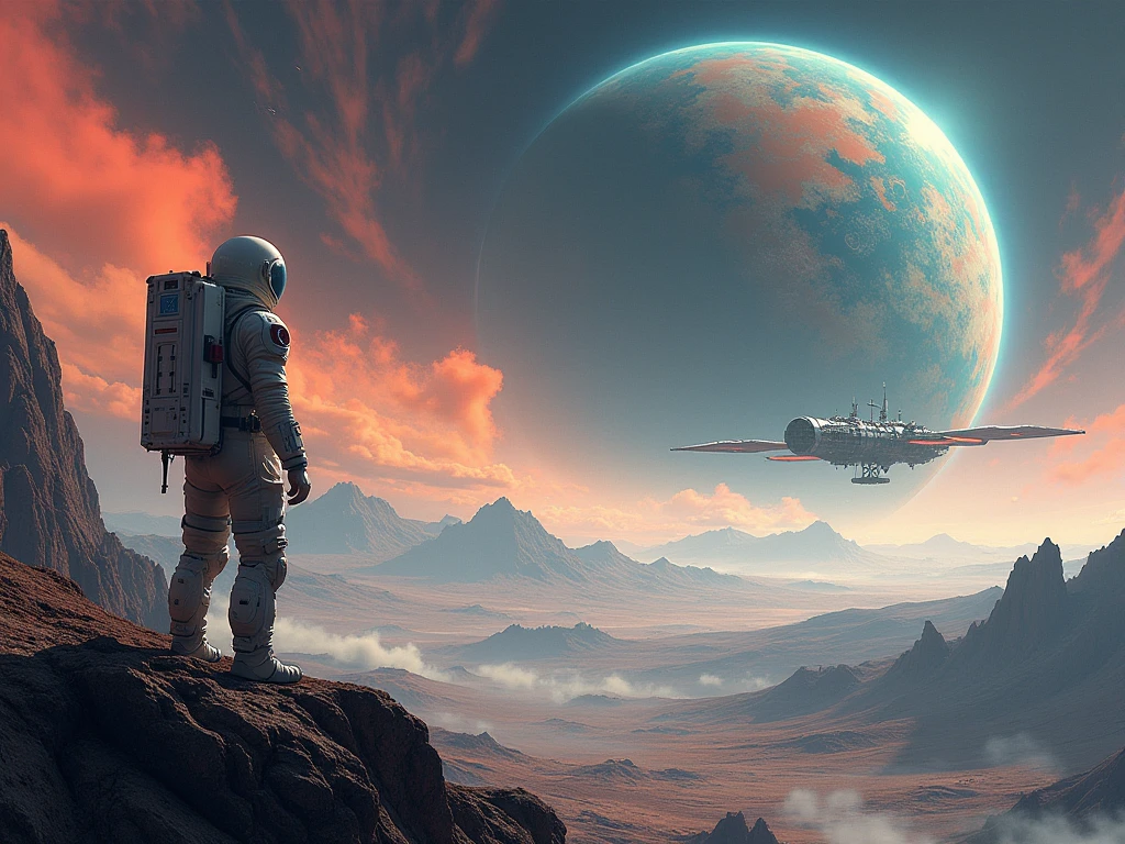 Cidade futuristica ao fundo, a man in a space suit standing on a rock looking at a planet, 3 d render bipe, Beeple e Tim Hildebrandt, Artgem e Beeple Masterpiece, inspirado em Beeple, arte do bipe, Realismo | Bipe, Astronauta encalhado no planeta, Estilo Beeple, em estilo de bipe