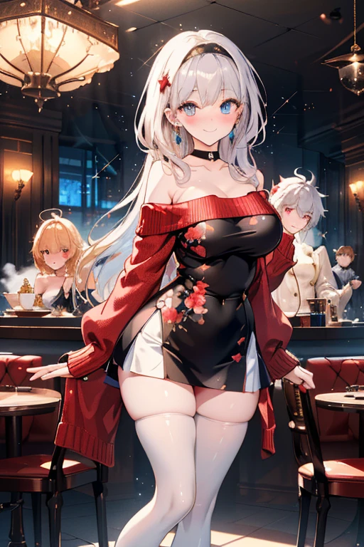 A white-haired woman with red eyes, a beautiful face, various hairstyles, long hair, an 18-year-old student with big breasts and beautiful long legs. Many girls are among the crowd.