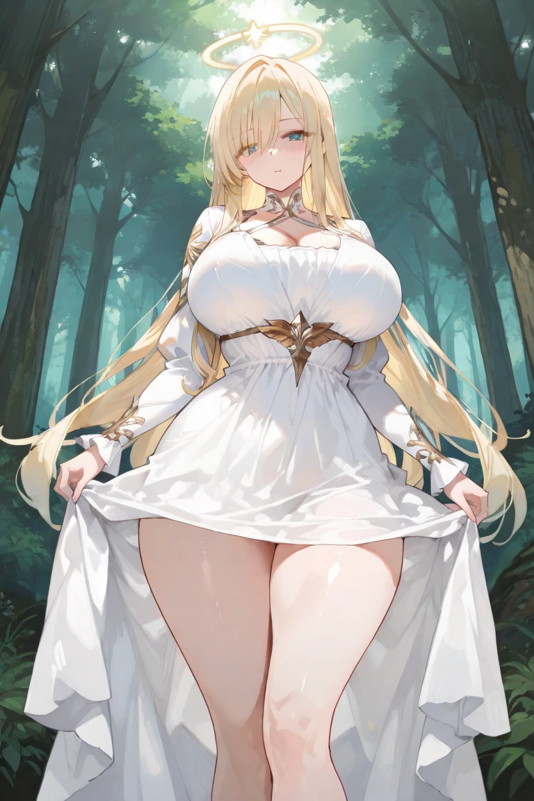 beautiful charismatic girl, athletic body, gorgeous figure, interesting shapes, full body shot, dark eye makeup, in the style of jessica drossin, --ar 51:91, in the woods. standing. blonde hair. long hair. green elves clothes. white panty. full body. potrait. heart pupils. love, cute. idiot. elf. A fantastic face. Fantastic eyes. Symmetrical eyes. Symmetry. (A glance over his shoulder) . Beautiful face. Realistic face. Beautiful eyes. Detailed face. Detailed eyes. Detailed suit. High quality picture. Detailed picture. Masterpiece. A high resolution. orgasm face, big breasts, ,
