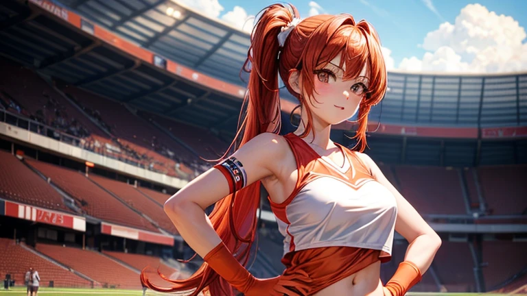 confetti, petals, falling petals, rose petals, cheerleader, 1girl, skirt, breasts, falling leaves, cherry blossoms, long hair, wind, day, cleavage, solo, navel, pom pom \(cheerleading\), smile, outdoors, leaves in wind, looking at viewer, pleated skirt, red eyes, blush, sleeveless, debris, cloud, sky, blue sky, red hair, bare shoulders, petals on liquid, midriff, stadium, hair between eyes, sleeveless shirt, medium breasts, shoes, wind lift, crop top, standing, shirt, leaf, clothes writing, bangs, leg up, white skirt