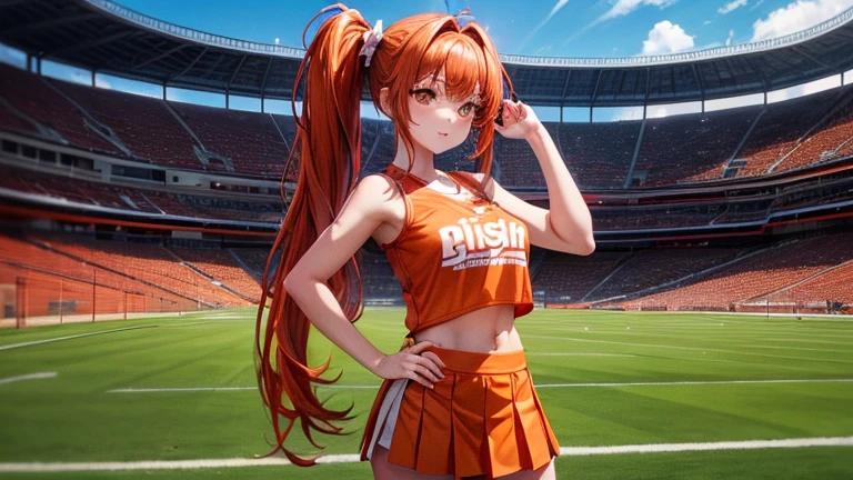 very cute and beautiful cheerleader girl,(highly detailed beautiful face and eyes),(holding pom poms:1.1),(laugh), (stadium stands),cowboy shot,dynamic pose,(white panties),(sleeveless orange shirt),beautiful legs,looking at viewer,black hair, (best quality,masterpiece:1.0),absurdres,highres,ultra-detailed,extremely detailed,32k,8k resolution, intricate details,cinematic scene,detailed background,solo,dynamic angle, hair fluttering in the wind,beautiful detailed sky,