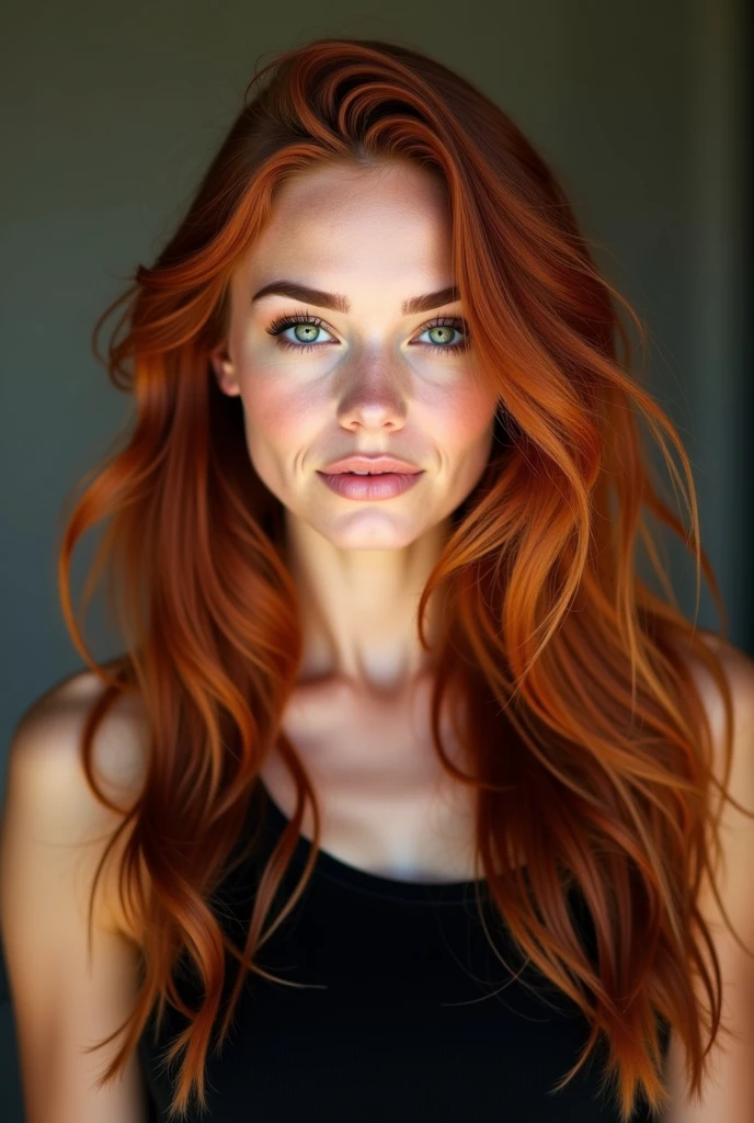 A close up of a woman with long red hair wearing a black top - SeaArt AI