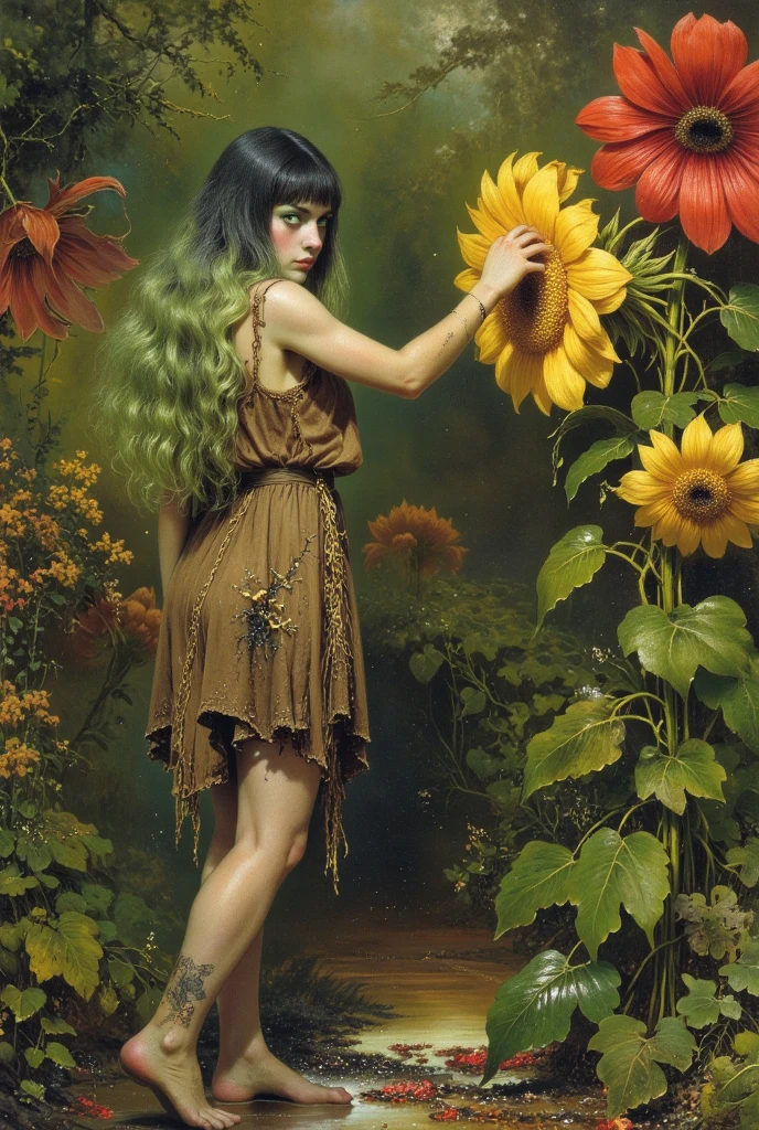 Lady with flowers on her head is an acrylic painting, no estilo de Lucy Glendinning, Tony Diterlizzi, organic and naturalistic compositions, Floral explosions, escolha gigante, laranja claro e marrom, rostos serenos --ar 3:4 -