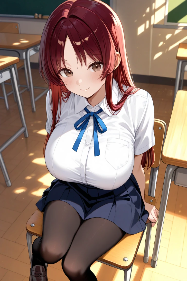 (masterpiece), best quality, expressive eyes, perfect face, front lighting, (inside classroom with window background), (sitting on desk), (seductive look), (cleavage view), (1girl, Nami, 18 years old, orange hair, long hair, twin pigtail braids hairstyle, brown eyes, hourglass figure, skinny body, thin body, petite_body, small breasts, wide hips, thick thighs), (white button shirt with front knot, croptop, short sleeve, exposed cleavage, red plaid pleated skirt, white stockings),