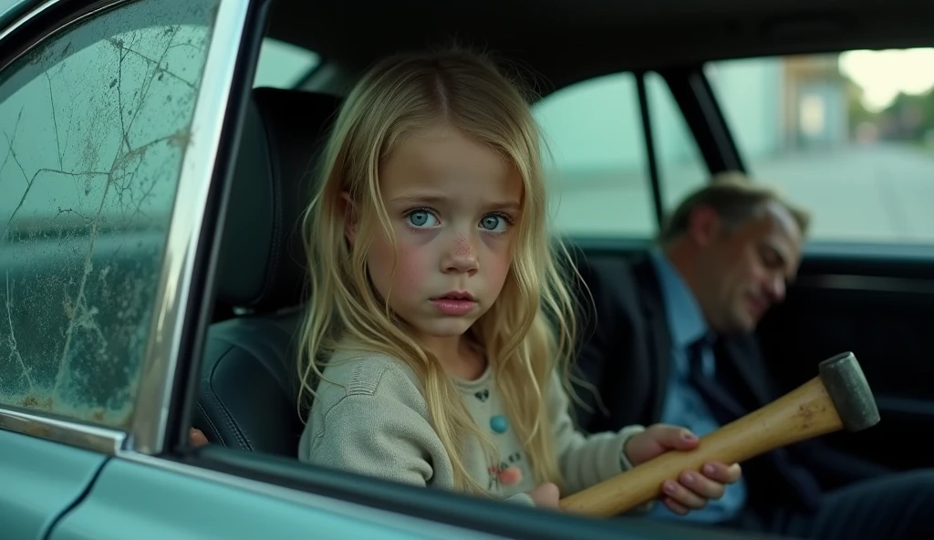 6-year-old girl sleeps with eyes closed in the back seat of car, Natural face, freckle, Dark Blonde