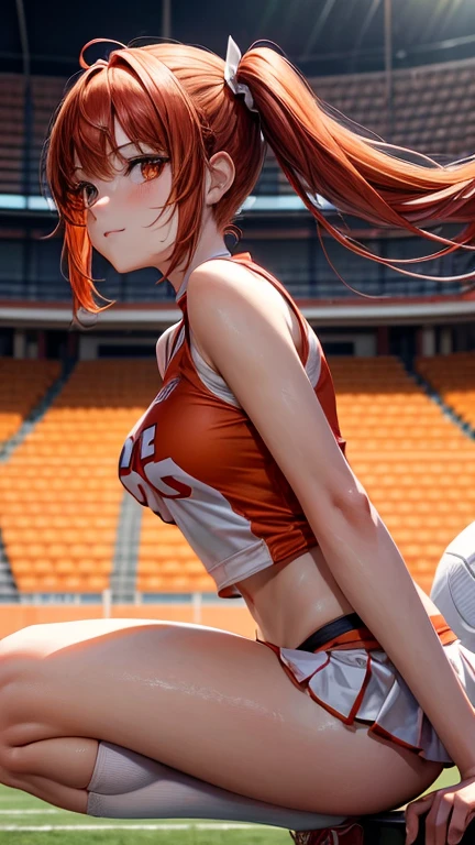 low angle shot,shoot down and up、Back photo。spread legs、Show her ass,actual、Super high chroma、8k、Long red hair(((30 year old woman)))、((((She is wearing a yellow competition swimsuit。))))、competitive swimmer、big breasts、Thick thighs、Pay attention to muscle development。競泳プールolympic Comcompetitive swimmerics stadium 美しい顔, Highly detailed face and skin textures, (natural cheeks, skin shiny, White skin,Sweating 1.0、(((vitality)))