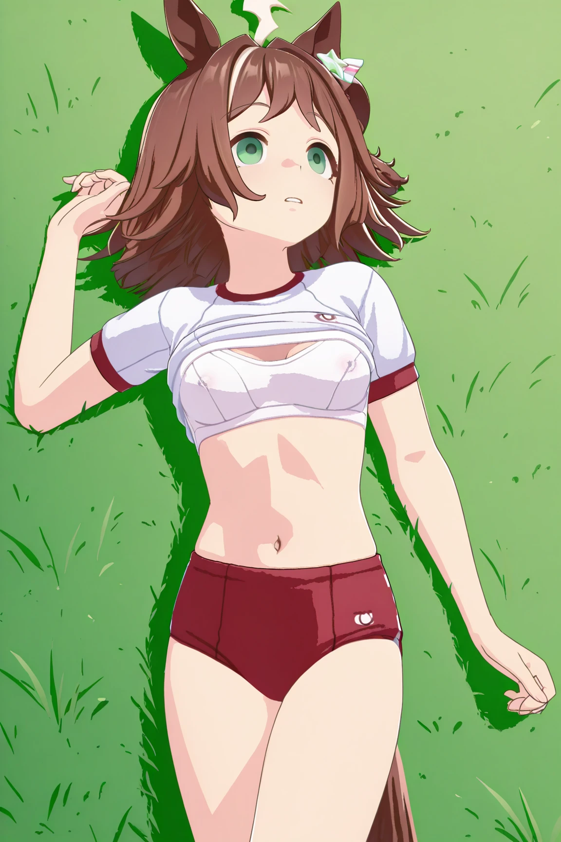 Camp counselor, anime, sexy, sweaty, tanned skin, brown hair, brown shorts, tight green t-shirt, exposed midriff, lip bite, ample chest, wide hips, full body view, woods, lying on ground, moaning