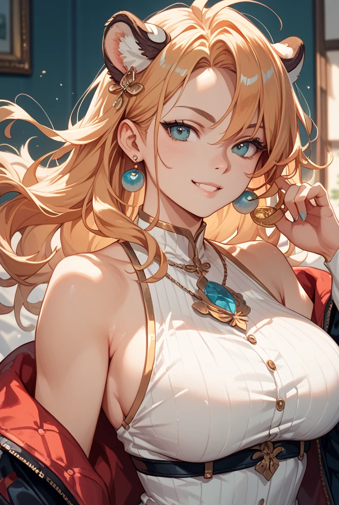 Big Breastsの女性, Blonde, colored feather, metal ornaments, colored Flowers, particle, Light, (masterpiece, 最high quality, 最high quality, Official Art, Beautiful and aesthetic:1.2), (1 girl:1.3), Very detailed,(Fractal Art:1.1),(colorful:1.1)(Flowers:1.3),Most detailed,(Dynamic pose), (Abstract background:1.3), (Shiny skin), (Many colors :1.4), ,(Earrings:1.4), (feather:1.4),masterpiece, 最high quality, 30~40 years, Full Body Shot, Mature Woman, 美しい Mature Woman,Captivating smile, Thick lips, Plumpとした唇, blush, Looking at the audience, Provocative expression, Cleavage, Plump、Curvy Hips、Attractive face、Mischievous face、An inviting gaze、Expressing emotions,Standing position、Gorgeous accessories and various hairstyles，Gold headband，Ample breasts，Uneven buttocks，Greek clothing，Tulle covers the chest，Perfect balance, Detailed clothing details,Temple，marble，Statue of God，cinematic Lighting, Film Grain, contrast of Light and dark, 8k, masterpiece, Very detailed, Attention to detail, high quality, High resolution, masterpiece, 最high quality, Very detailed, Big Breasts, Are standing, Cowboy Shot, Looking at the audience, Outdoor, blush, 1 girl, (masterpiece:1.3), (High resolution), (8k), (Very detailed), Perfect Face, Beautiful eyes and face, (((最high quality))), (Very detailed), Detailed face and eyes, (alone), High resolution、Beautiful eyes,(((Sexy pose)))、(((Full body depiction)))