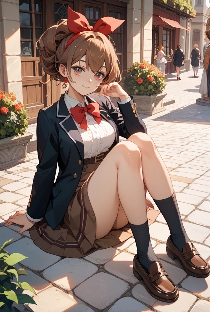 Brown Hair、((((masterpiece) (((((Highest quality))))((high resolution))))), Very detailed, 、、((green lace panties、、、Black Skirt、、、Low - Angle、shirt、、High Kick、Raise one leg、Beautiful legs、Perfect Legs、Town、Jacket、null、building、Short ponytail、Beautiful panties、The perfect outfit