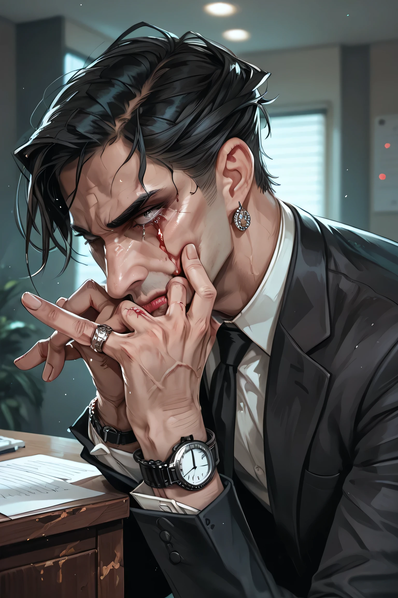 Serial killer, sad and depressed, suit clothes, psychopath face, weak body, luxury watch, head hanging in hand, lots of blood, very shiny black shoes, rings on fingers, luxury home office environment.