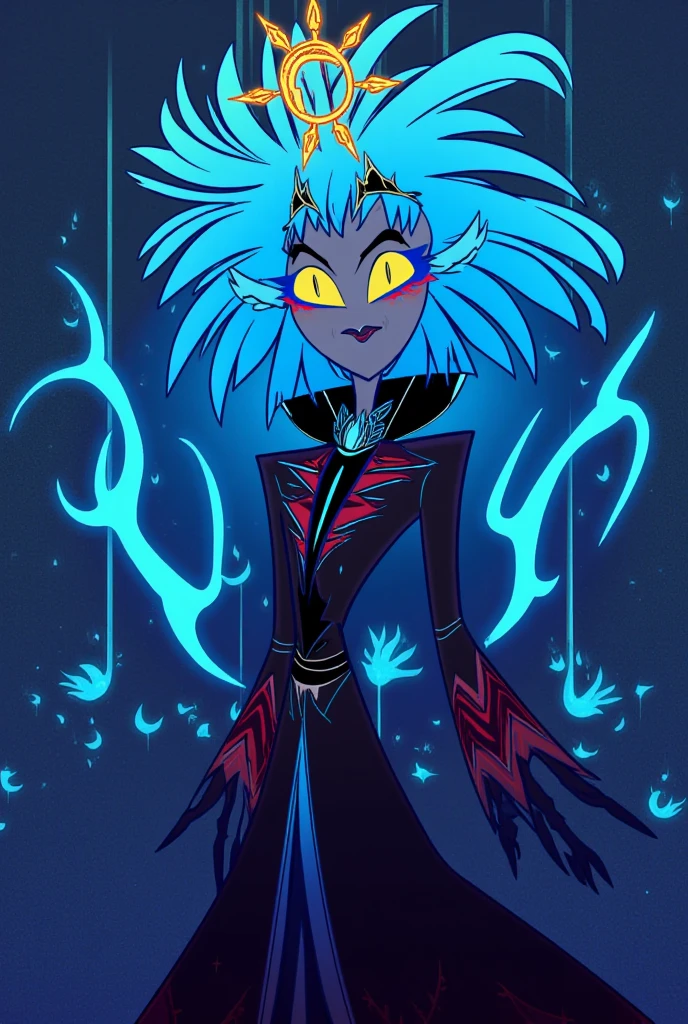 (((masterpiece))) , (((best quality))) , anime style, 2d, well-built charming 1girl, solo, lovely 1girl, Hades-ish, beautiful gorgeous Spike Spiegel, (blue flames instead of hair), long flowing elegant skull motif robe, (stone dungeon background:1.2), she has Shaved sides hair, key visual,