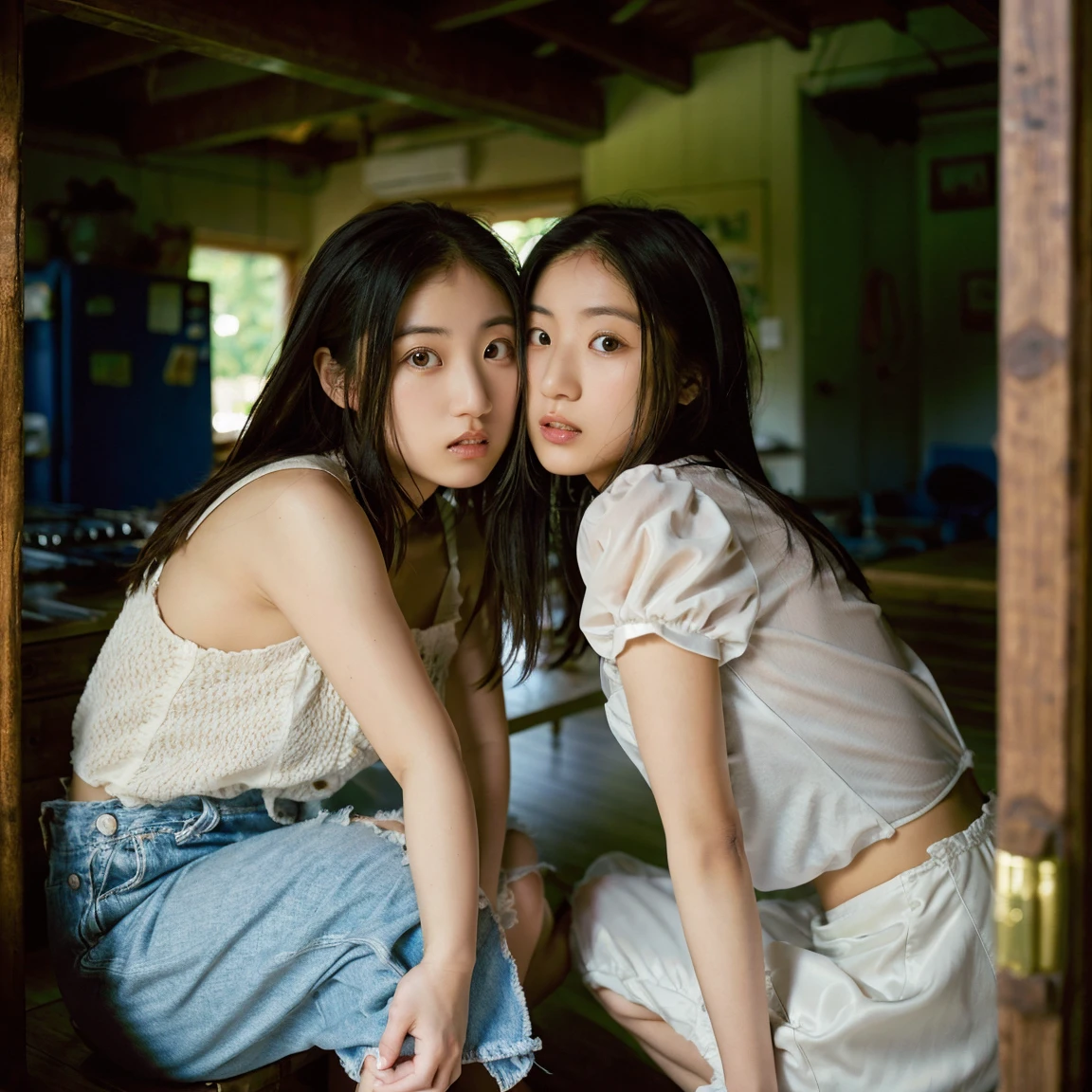 Identical twin sisters、Front view, Portraiture, Rembrandt Lighting, cute