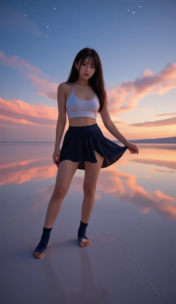 A captivating surreal photorealistic image of a playful Asian girl, captured at hip level. She is dressed in a stylish transparent net Chanel outfit, wearing a mini-skirt made of colorful squares. The Ilfochrome photography technique adds a dreamy and vibrant quality to the scene. The girl's carefree attitude and the fashionable attire create an air of sophistication and whimsy, while the background's surreal elements further enhance the image's captivating appeal.