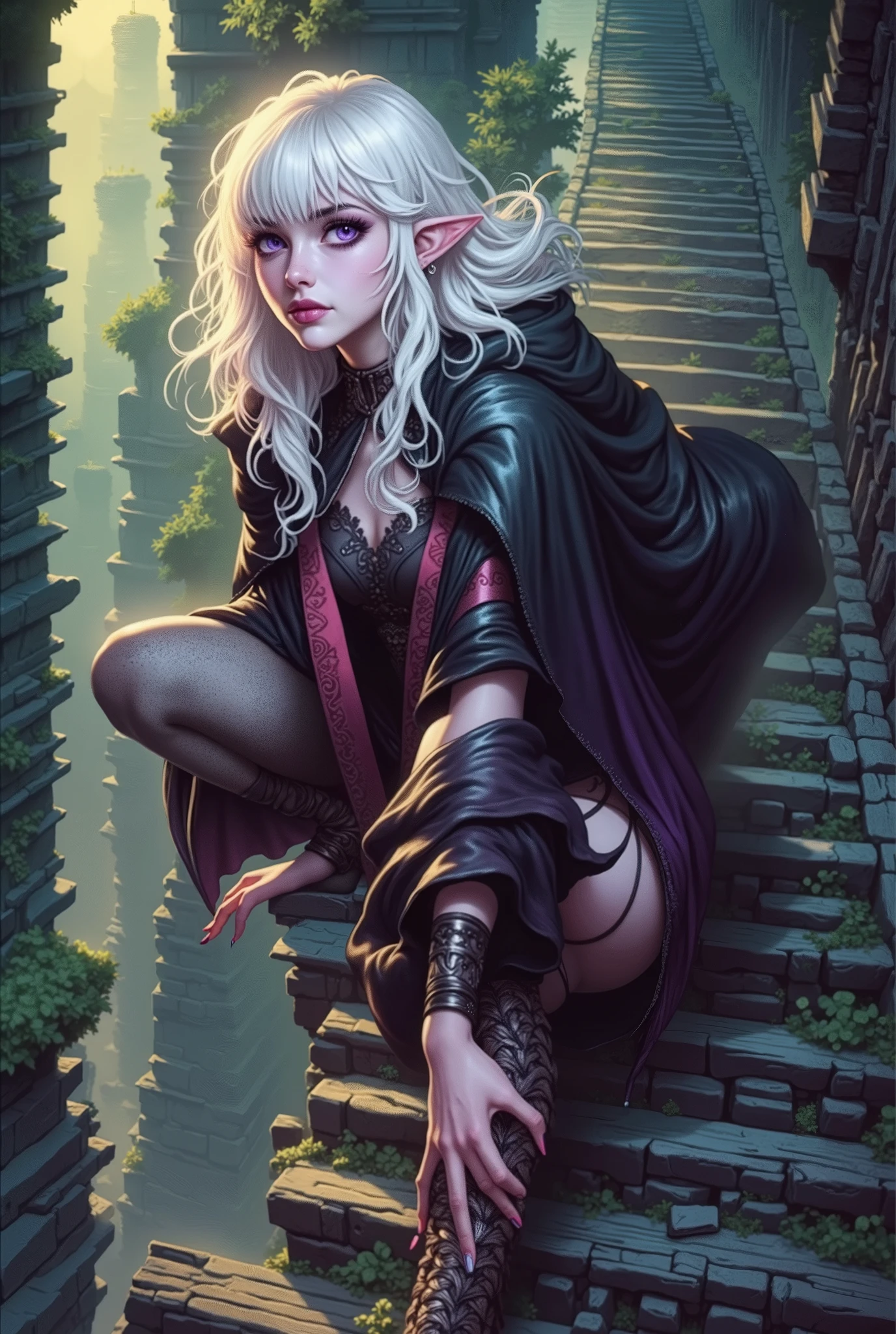 (Ultra-detailed face, Looking Away, Gothic Illustration, Dark Tone Colors.) , BREAK
(Fog and strong winds blow up. A temple complex of very tall ancient stone towers scattered in a deep green forest. A woman moves in a bold pose, crouching and crawling along a narrow passageway stretched in a straight line between the tall towers. A viewpoint looking down on the woman from above. She has white hair, dark purple skin, wears an old-fashioned Roma-style cape dress, and braided sandals.) , BREAK
(The female dark elf has white hair and white eyebrows, crisp bangs, long wavy hair to her waist, small pink lips, lavender eyes, dark purple skin, and dark eyeliner.)