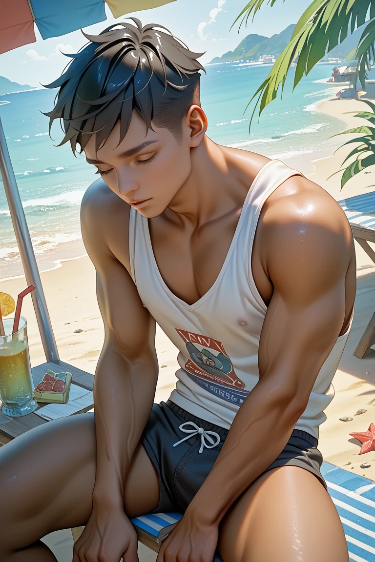 HD quality, high definition, male 20 years old handsome, muscular and slim, red lips, laying down unconcious on seashore, wet clothes with bracelets, earrings and Necklace, wearing shoes, sexy and seductive, unconcious eyes closed, a wrecked ship survivor, view on top, he is found unconcious in the seashore die to shopwreck