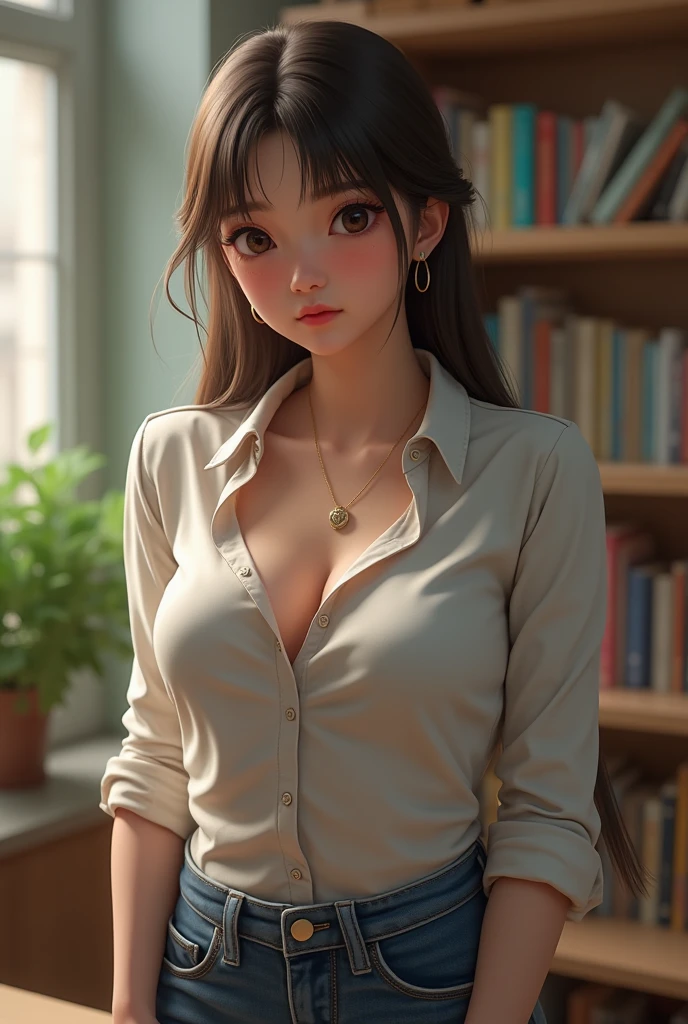 Replace with the image of the bookshelf in the background
