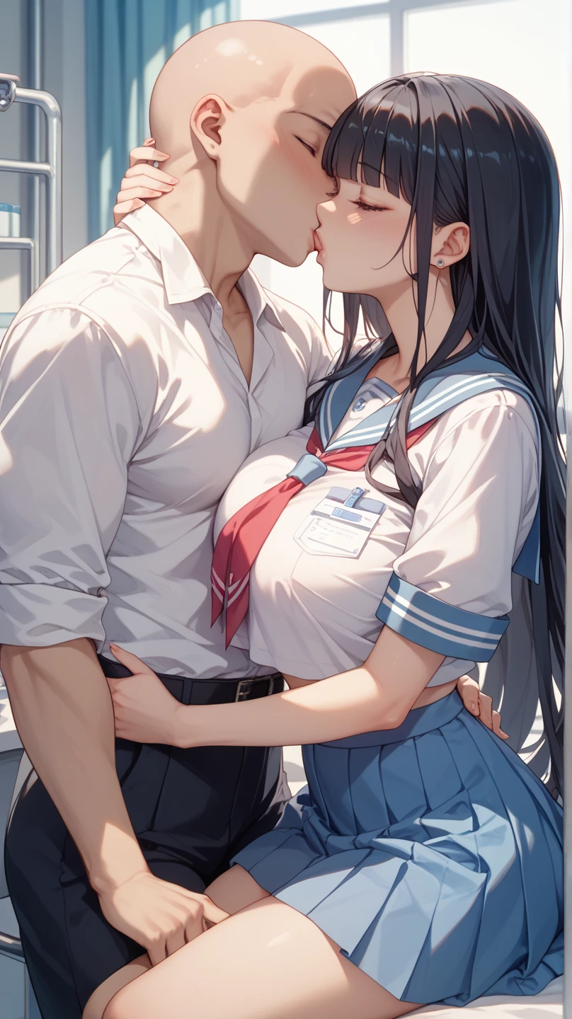 masterpiece, best quality, (1faceless boy:1.3),(boy grabbing breast:1.1),1girl .(school uniform:1.2), black long hair,brown eyes,(classroom:0.8), (sunset:0.7),(medium breasts:1.4), (sad smile:0.8)