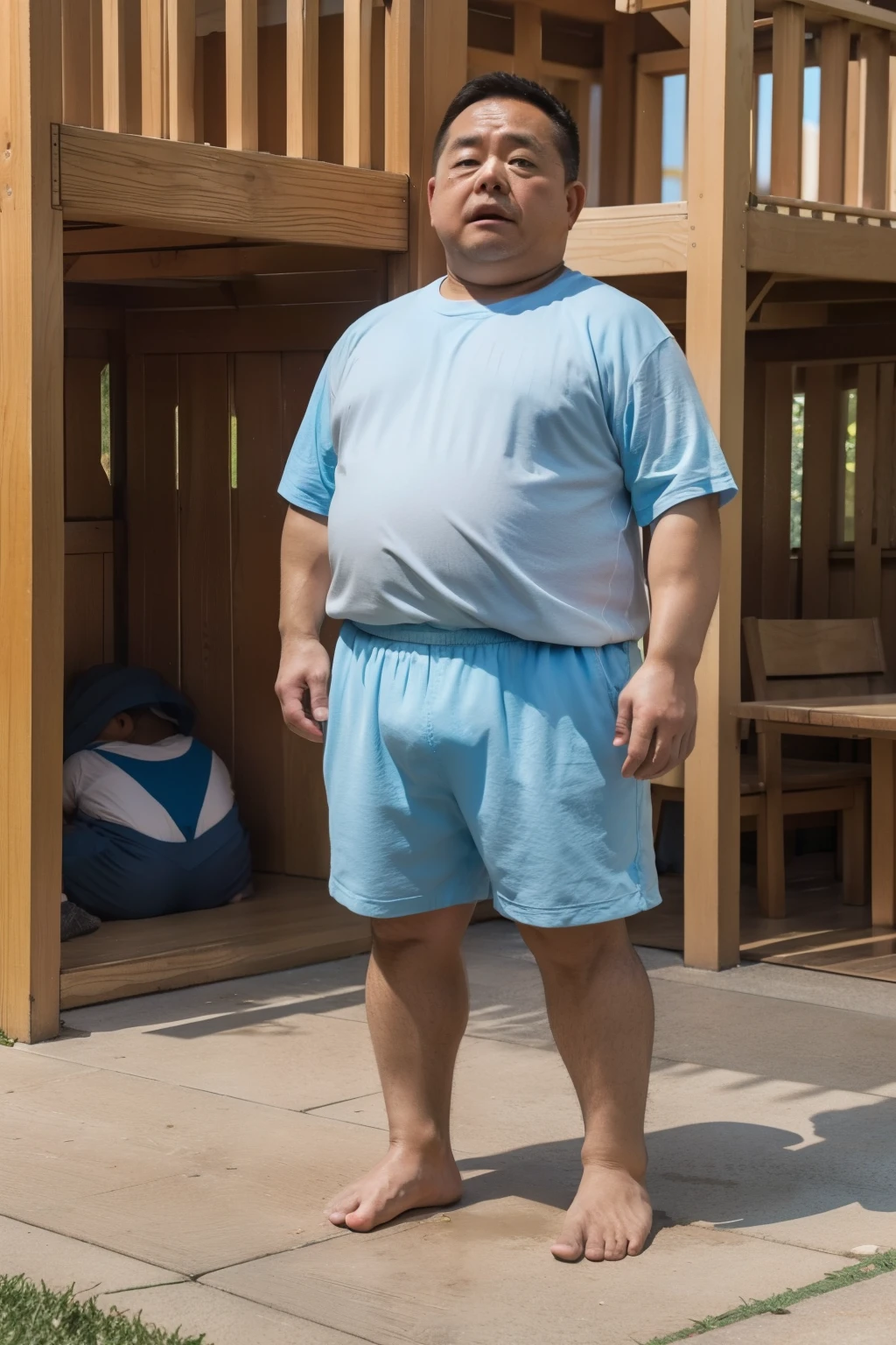 A Chinese fat grandpa, White hair, very short hair, chubby body, belly body, smile, with a round face, Bare body, Relaxed skin , in blue swimming trunks, depth of fields、largeaperture、Low ISO、White balance、8K RAW、 .