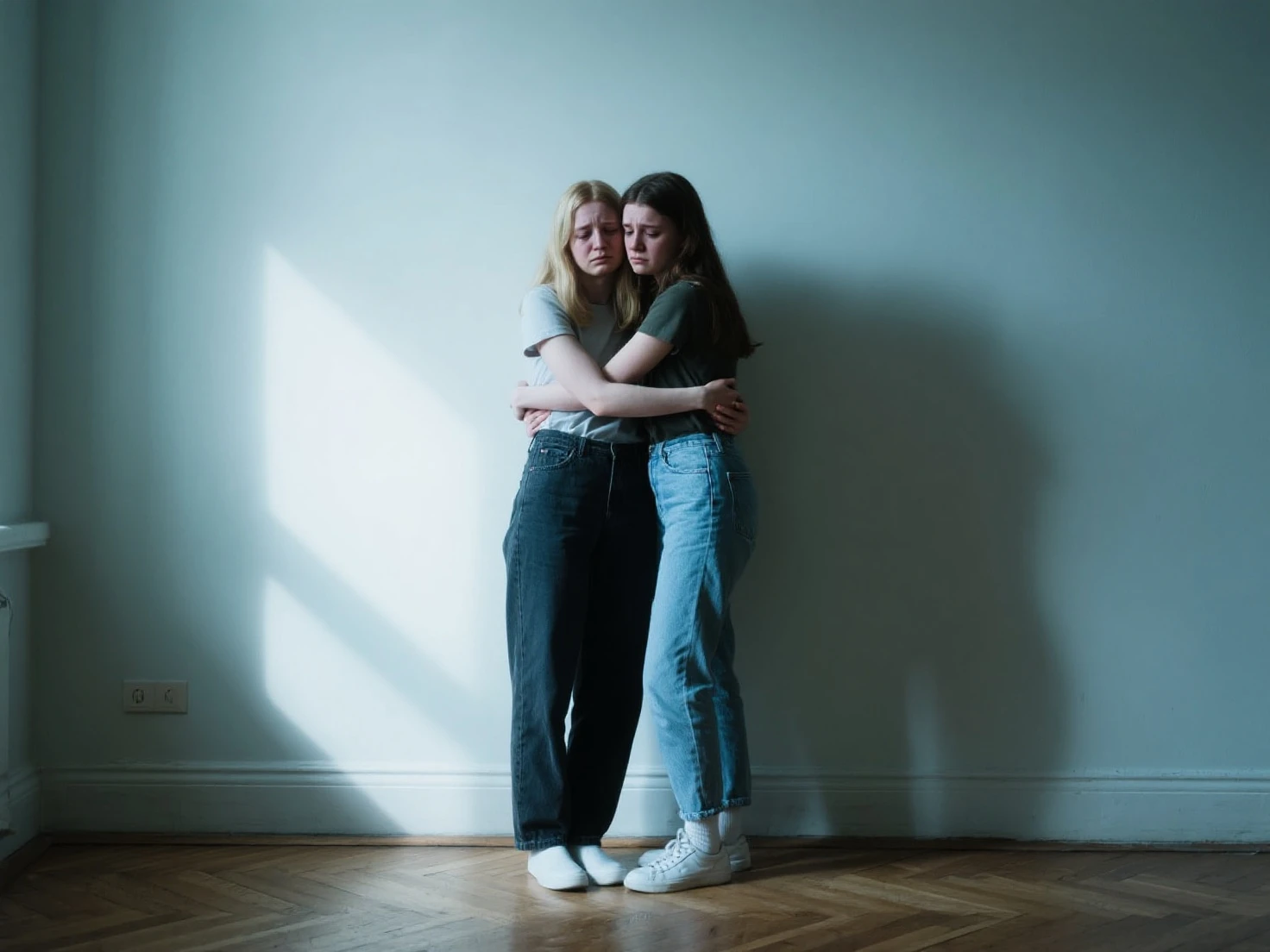 a girl is sitting directly on the face of a boy lying with her back on the ground, (crushed underfoot) from another girl, trampled on his chest, turned away showing her butt, wearing jeans, real photo, 8k, teenagers