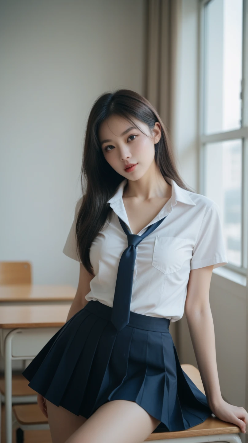(1 girl), (sexy look:1.5), (flat chest:1.3), (very detailed目, very detailed顔), (超realistic, High resolution), (highest quality:1.4), (hyper quality), realistic skin texture, RAW photo, (realistic, Photoreal:1.37), very detailed, professional photography, (school uniform, pleated skirt:1.3), (look at me), (School, classroom), ((Meet me face to face:1.4)), (from below:1.3), realistic private parts, lace panties, Japanese high school girl、超highest quality、masterpiece、超High resolution、Depth of written boundary、(Photoreal:1.4)、(Award-winning photo、信じられないほどのmasterpiece:1.3) 、RAW photography、golden ratio、Highly detailed CG Unity 8k wallpaper、detailed and complex、original、High resolution、RAW photo、(perfect body shape)、detailed and complex、Digital single-lens reflex camera、soft writing、(background person blur:1.1)、Sigma 85mmF/1.4、50mm Lenac lighting、nffsw、hyper real、color grade, Rear view,from below:1.3), (((hold the hem of her skirt, she spreads her legs and shows off her real pussy.:1.4))), (vagina)、spread your legs、Lying、On my back、penis、cum in pussy、(focus on girl)