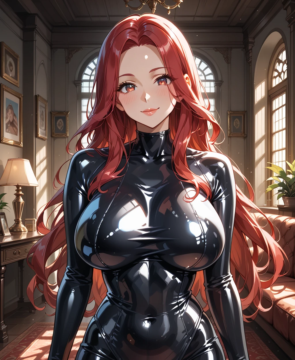 (((masterpiece))),(((High resolution)))、(((8K quality)))、(((Perfect Face)))、((Top quality eyes)), ((Fujiko Mine of Lupin the Third))、((fujiko mine)), Anime Style、There is a lot of hair in the front、wavy hair, medium hair, swept bangs, red hair, small eyes, brown eyes, Beautiful Eyes、red and thick lips、Big Breasts、Big Ass、Enchanting anime girl, Young woman anime visual, Female Anime Characters、Cleavage、cat suit、cowboy shot, sexy pose, bewitching pose, leaning forward, smile, Night Alley、In front of the bike、