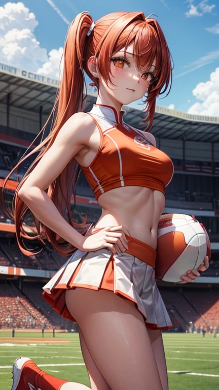 a girl dressed as Vinotinto Venezuelan soccer team, sexy, beautiful smile, in the background a football stadium
