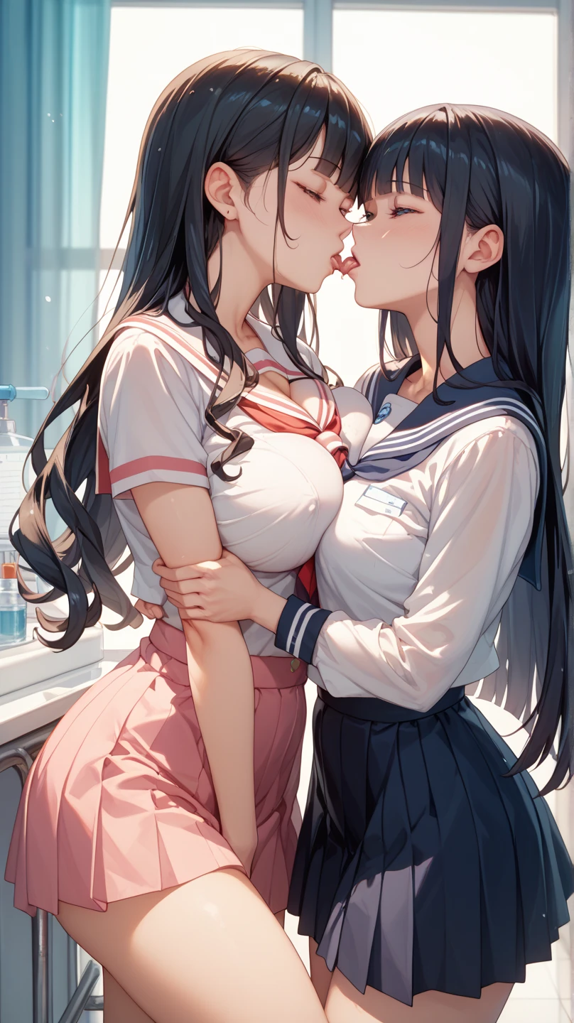 2 人の 10 代のgirl,angry look,equivalent height,In the classroom,black hair ponytail,face each other and look at each other,hug each other,two bodies are close together,kiss、Picture of two people、Holding hands and facing each other、Photograph of two people facing each other、Push each other、Stick your boobs and boobs together、highest quality,girl、kiss、、二人のgirl、向かい合うgirl、抱き合いながらkiss、huge boobs、向かい合ってkiss、hug each other、uniformからおっぱいをむき出し、uniform