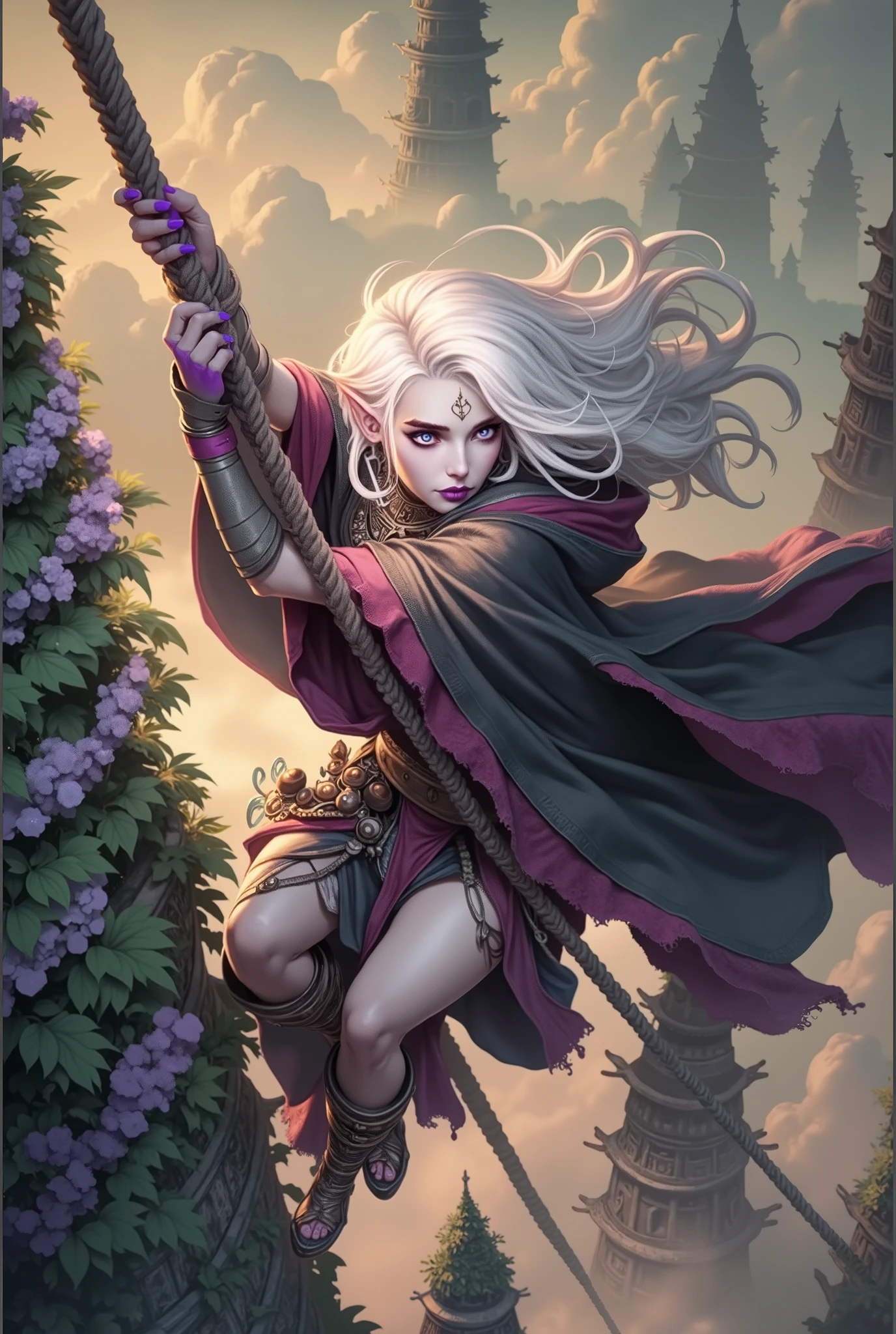(Ultra-detailed face, Looking Away, Gothic Illustration, Dark Tone Colors.) , BREAK
(Fog and strong winds blow up. A temple complex of very tall ancient stone towers scattered in a deep green forest. A woman moves in a bold pose, crouching and crawling along a narrow passageway stretched in a straight line between the tall towers. A viewpoint looking down on the woman from above. She has white hair, dark purple skin, wears an old-fashioned Roma-style cape dress, and braided sandals.) , BREAK
(The female dark elf has white hair and white eyebrows, crisp bangs, long wavy hair to her waist, small pink lips, lavender eyes, dark purple skin, and dark eyeliner.)