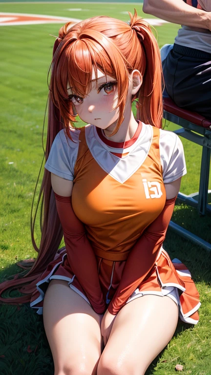 nsfw, masterpiece, 1 girl, ((topless)), intricately detailed, navel, necklace, sweaty, orange hair, jogging pants, smiling, extremely detailed, photorealistic, octane render, 8 k, unreal engine., bare breasts, bare stomach, beautiful face, small breasts, ((flat chest)), silence_suzuka \(umamusume\), stretching, horse ear, horse tail, bare shoulders, nipples, nude, different pose, open mouth, blushing, racetrack, people on background, oval field, track and field, cowboy shot, slim, thin,