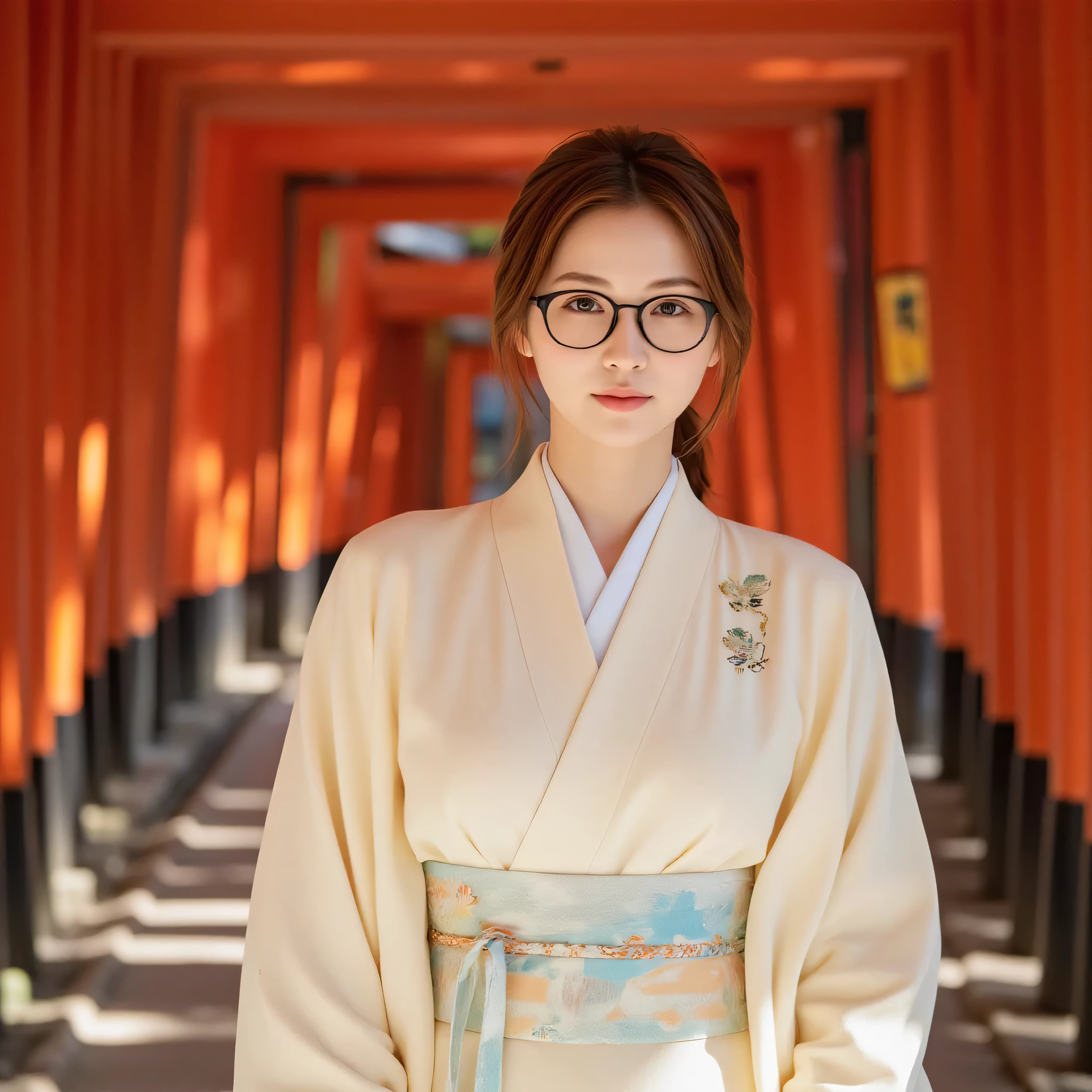 [stands in a tunnel with a bright red torii gate、young woman in a vanilla yellow kimono, peaceful meditation, Gentle sunlight], [pictures, photorealistic], [shallow depth of field,  natural light illuminating the scene ,  warm color palette、Dark Hair Red and Light Blue , Smooth Texture of Kimono and Wood, Gravel Path Background, high resolution rendering, the saturation has been slightly reduced for a relaxed atmosphere]、black glasses