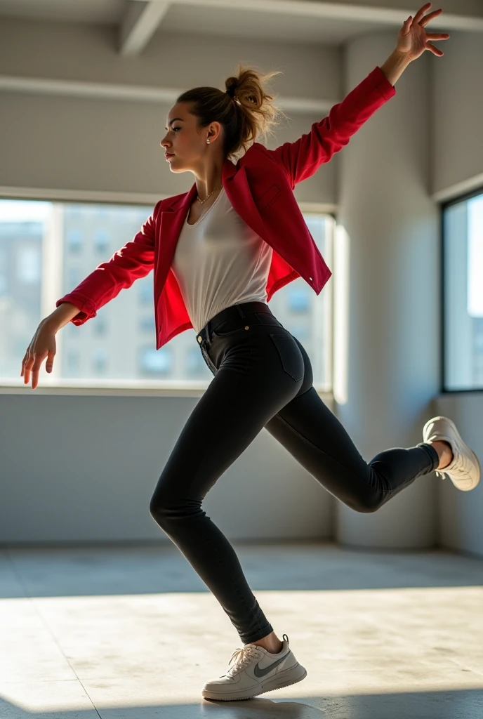 full body,photo of a 18 year old girl,happy,practicing ballet,looking at viewer,blue eyes,shirt,pants,ray tracing,detail shadow,shot on Fujifilm X-T4,85mm f1.2,sharp focus,depth of field,blurry background,bokeh,motion blur,<lora:add_detail:1>,