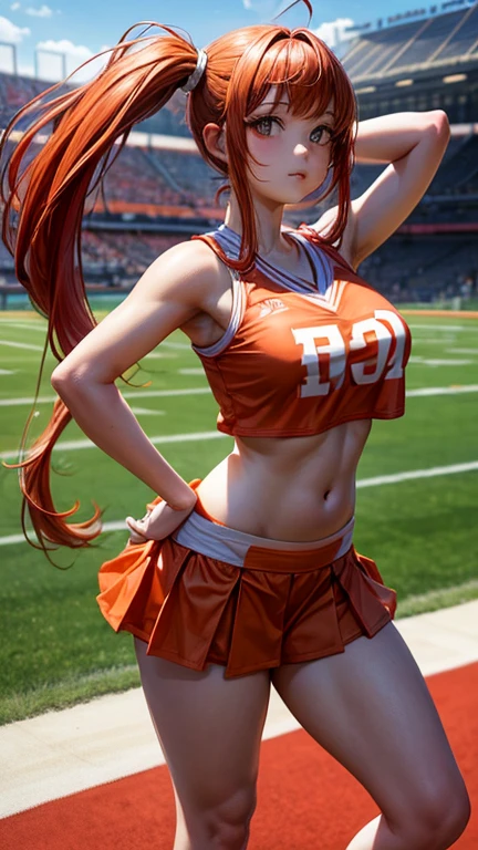 (Masterpiece, Professional lighting, 16k, 8k wallpaper, raw photo, photorealistic:1.8, ultra detailed, , 16 mm lens, (Masterpiece, Professional lighting, 16k, 8k wallpaper, raw photo, photorealistic:1.8, ultra detailed, slightly wide angle lens, natural lighting, detailed skin, detailed joyous face, detailed eyes, 1 beautiful happy multiracial female model doing a photoshoot as a cheerleader, cheerleader, cheerleader outfit, cheer squad leader during a game, full body image , long curly blond hair with bangs, hazel eyes, cheering:1.3, sexy cheer skirt, sexy top, team colors are orange and light blue, photo from back left, she looks into lens while flipping her skirt up