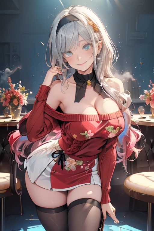 ShenheV4, (virgin killer sweater, sleeveless, cleavage cutout), (solo:1.1), (mature woman:1.2), beautiful face, (detailed eyes), symmetric eyes, glossy lips, (long hair, grey hair, braid, hair over one eye, hair ornament), beautiful round breasts, voluptuous body, slim waist, (masterpiece, best qualty), soft ambient lighting, standing, front view, cafe background, window, new york, vivid colors, sunny day, looking at the viewer, HD, 8K, vivid colors, intricate, (absurdres:1.2), (blurry_background), bokeh, (sharp focus) ((detailed face)), facial details