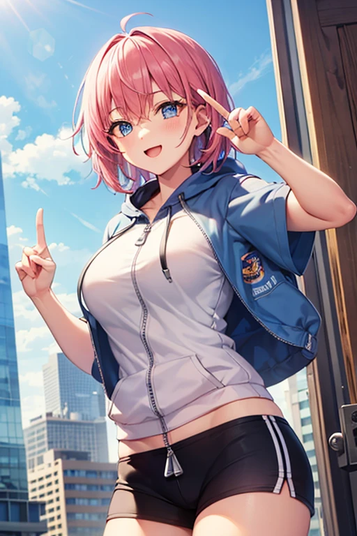 shizukamikazuki, shizuka mikazuki, short hair, purple hair, hair ornament, hairclip, (pink eyes:1.5), swept bangs,
BREAK navel, cleavage, jacket, open clothes, midriff, hood, open jacket, blue jacket, hooded jacket, sports bra, hood down,
BREAK looking at viewer,
BREAK outdoors, city,night, neon lights, wet road, reflections, stars, starfall,
BREAK (masterpiece:1.2), best quality, high resolution, unity 8k wallpaper, (illustration:0.8), (beautiful detailed eyes:1.6), extremely detailed face, perfect lighting, extremely detailed CG, (perfect hands, perfect anatomy),