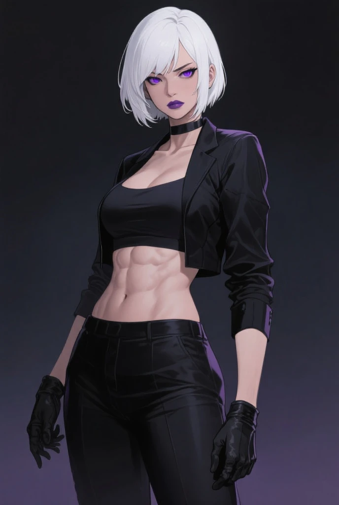 Maki zenin, white hair,, wearing a Black latex top, black latex skirt, abs, red lipstick on lips, in a living room