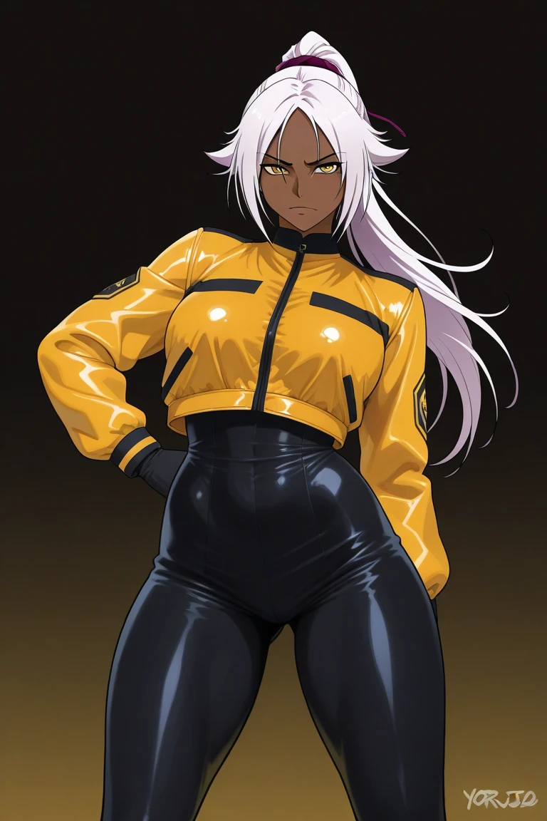 1girl, wanostyle, rumi usagiyama my hero, frowning, mad, marine outfit, looking away from viewer, solo, full body, ((masterpiece)), (best quality), (extremely detailed), depth of field, sketch, sharp focus, soft lighting, hdr, colorful, good composition, spectacular, closed shirt, anime screencap, ready to fight, red eyes, long white hair, blue electricity all around, dark skin, bunny ears, fists ready, action, fighting someone, yellow electricity, growling, sword, standing over cliff, clouds, majestic, powerful, 4k, realistic
