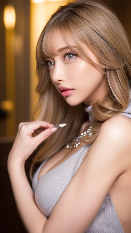 1 mujer hermosa, 20 years, pelo rojo brillante, pale white skin (Piel realista details, Piel realista), ojos azules brillantes (very detailed and vivid eyes), labios rojos, constituir, cuello, pendientes, gargantilla, Accesorios, Cuerpo perfecto , Trasero perfectamente redondo, Desnudo, mirando al espectador, pose sexy, (manos perfectas), (manos con 5 dedos), (obra maestra), (Fotorrealista), (8K), (realistic lighting),