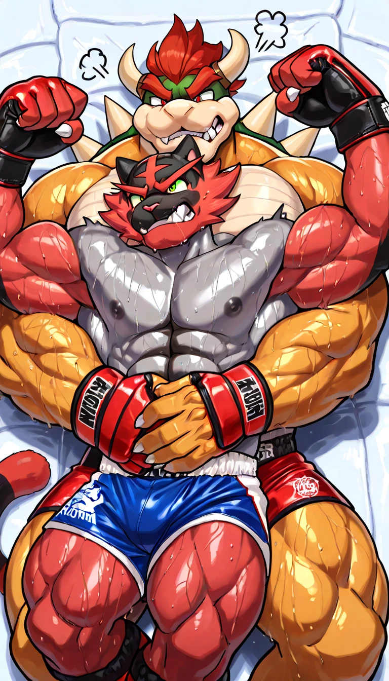 e621 explicit content (by adios, by lindong, by null-ghost), anthro, kemono, (fully naked:1.7), (detailed scales), muscular, huge body, (scalie), (erection:1.5), (laying:1.3), legs spread, (barely visible anus), (tight anus), (balls:1.3), penis, (full body), ridged penis, (fighting ring), (on back), (tail), (nude:1.7), (demon lord dragon batzz), (angry:1.1), (hands behind back),