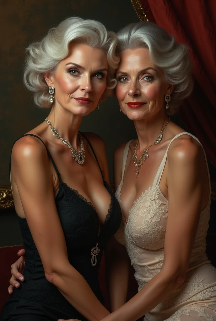 Portrait of a 65-year-old woman with gray hair, seductive look, longs cheveux gris, yeux bruns, beaucoup de rides sur son visage, vieille femme, Detailed wrinkles (8k, High resolution、Ultra -High definition、Staying on a premium yacht, Ultra-high image quality、ultrarealistic、Best quality、Masuter Piece:1.2)(poitrine moyenne、grand clivage:1.2)(Medium breasts are exposed、(Older women in Europe) Robe tunique occidentale transparente, forme pubienne clairement visible, Seins partiellement visibles, eyes visible through the hair, Position correcte des yeux,cinematic light, , Soft Light, Hanches, la nuit, doux clair de lune, Detailed color gradient background, complexe, highly detailed, 8k, Bondi Beach Contexte, Beau fond de plage